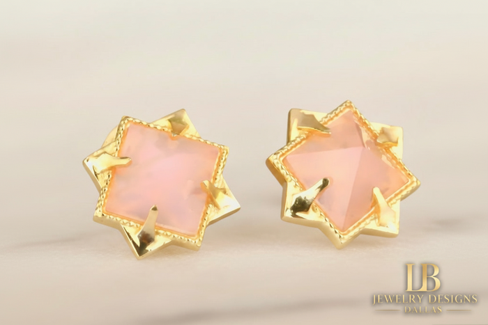 Light Pink Rose Quartz Gemstone Pyramid Stud Earrings - 24k Gold Vermeil