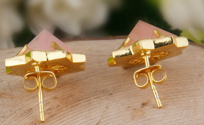 Light Pink Rose Quartz Gemstone Pyramid Stud Earrings - 24k Gold Vermeil