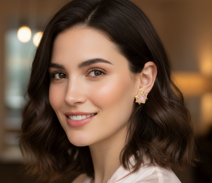 Light Pink Rose Quartz Gemstone Pyramid Stud Earrings - 24k Gold Vermeil