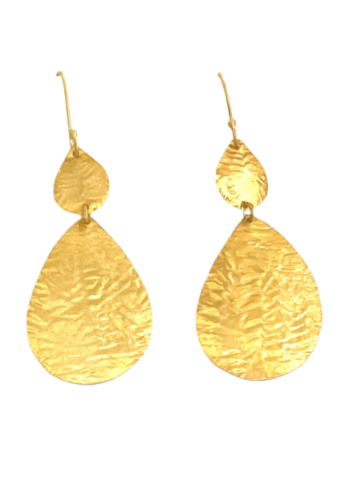 Lightweight Hammered 22k Gold Leaf Dangle Earrings 2”