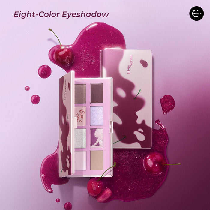 Little Ondine eight-color eyeshadow palette in a pink and berry-themed case, shown open with eight shades