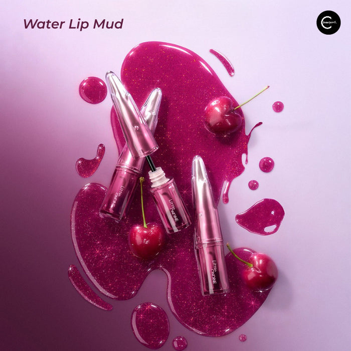 Little Ondine Water Lip Mud lip products in metallic pink tubes with red fruit and glossy red swatches