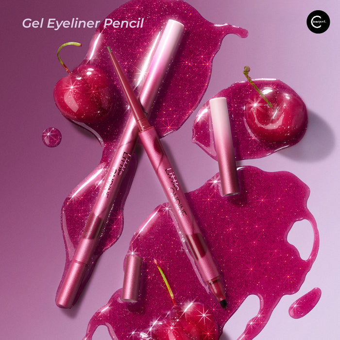 Little Ondine gel eyeliner pencils in a pink and red fruit-themed flat lay