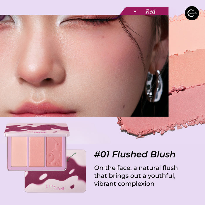 Little Ondine Flushed Blush makeup palette with three pink shades and a cheek swatch