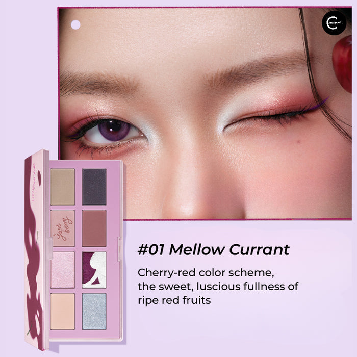 Little Ondine Mellow Currant makeup palette with pink and berry-toned eyeshadows beside an eye makeup close-up