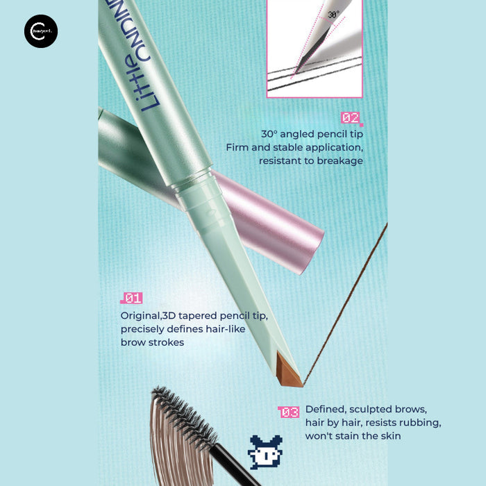 Little Ondine dual-ended eyebrow pencil with angled and tapered tips and spoolie brush
