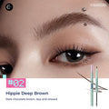 Little Ondine Tamagotchi Pixel Pals dual-ended brow pencil in #02 Hippie Deep Brown, shown with eyebrow swatches