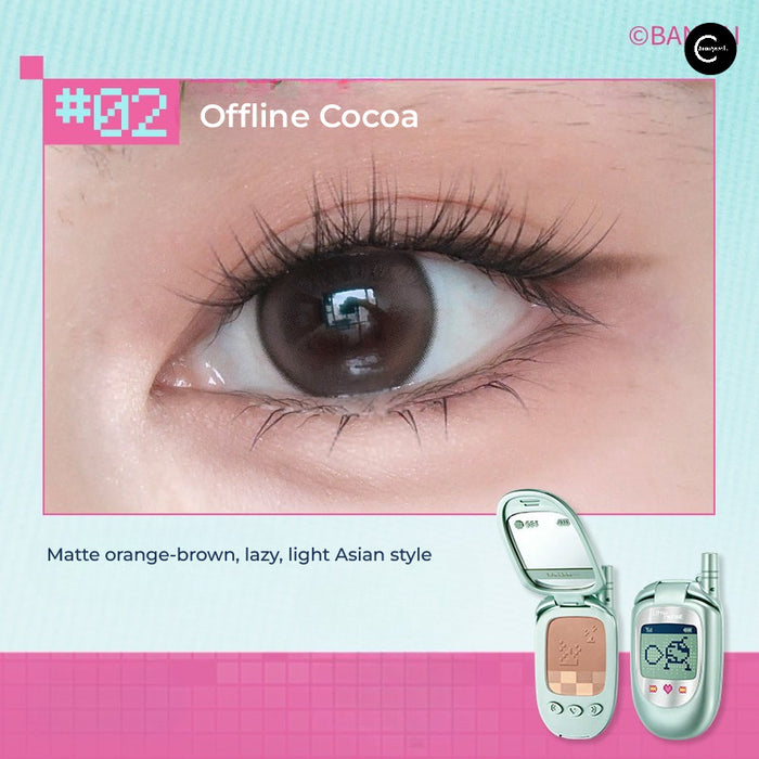 Close-up eye makeup swatch with Little Ondine Tamagotchi Pixel Pals compact and phone-shaped packaging