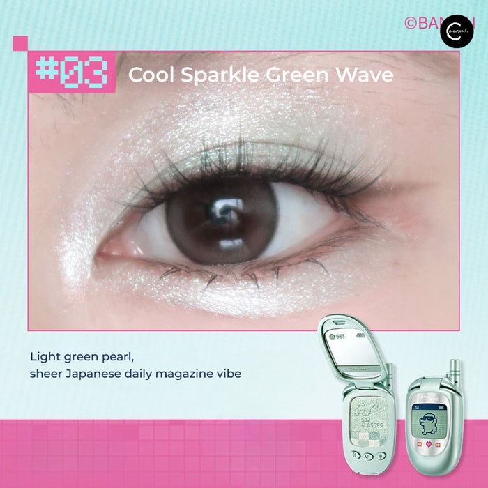 Little Ondine Tamagotchi Pixel Pals collaboration makeup gift box featuring Cool Sparkle Green Wave eye makeup close-up