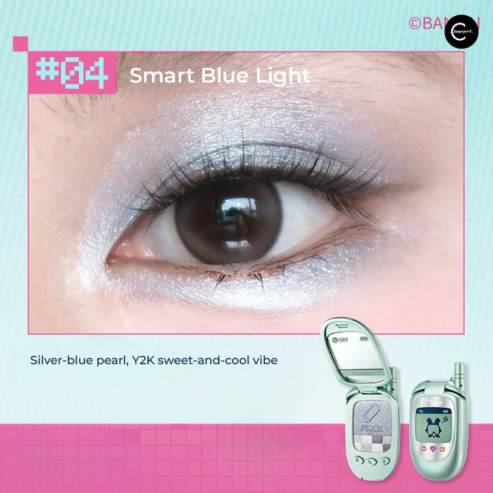 Little Ondine Tamagotchi Pixel Pals makeup gift box with a silver-blue pearl eye makeup look and compact packaging
