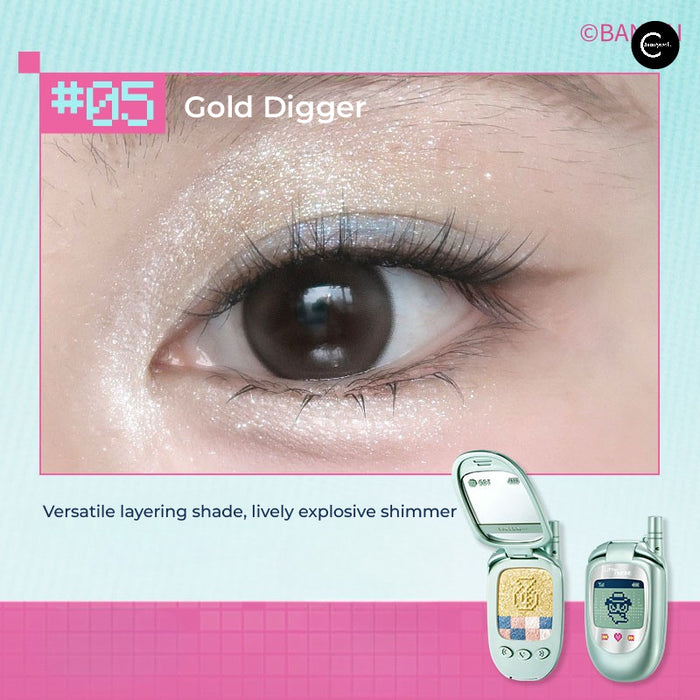 Little Ondine Gold Digger shimmer eye makeup close-up with Tamagotchi Pixel Pals packaging