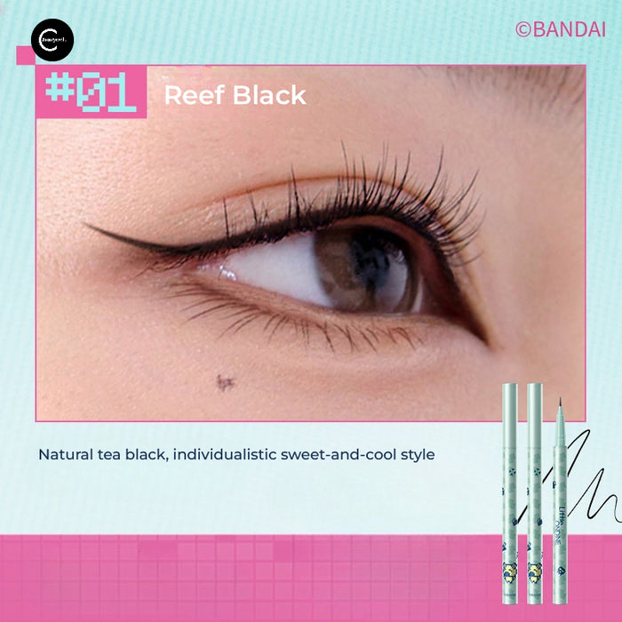 Little Ondine Reef Black makeup pencil trio shown beside a close-up eye makeup look