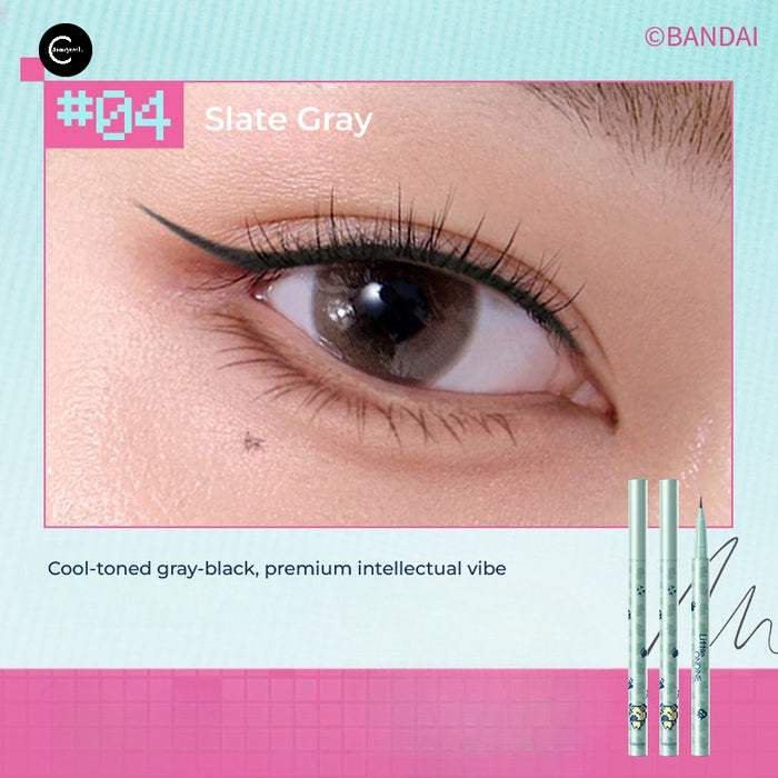 Little Ondine Slate Gray makeup pencils shown beside a close-up eye with gray-black eyeliner