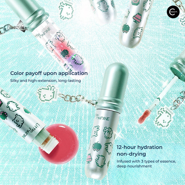 Little Ondine Tamagotchi Pixel Pals Water-Gloss Lip Glaze tubes and applicator shown with a pink swatch