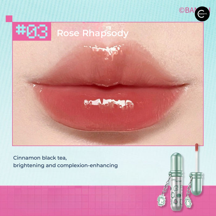 Little Ondine Rose Rhapsody lip color tube with applicator beside a glossy lip swatch
