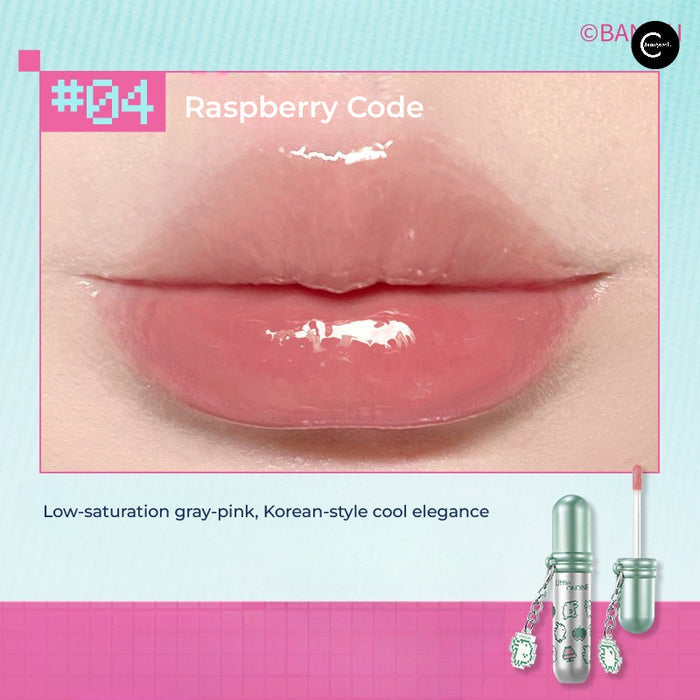 Little Ondine Raspberry Code lip product swatch on lips with pixel-themed tube packaging
