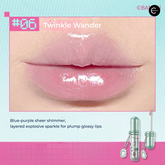 Little Ondine Twinkle Wander lip gloss close-up showing sheer pink-blue shimmer on glossy lips