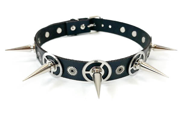 Long Spike Steampunk Gear Leather  Choker