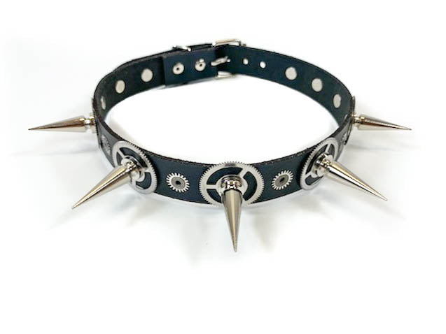 Long Spike Steampunk Gear Leather  Choker