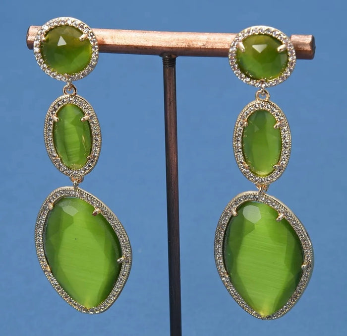 Lovely Green Cat’s Eye Gemstone Statement Earrings 2.7”