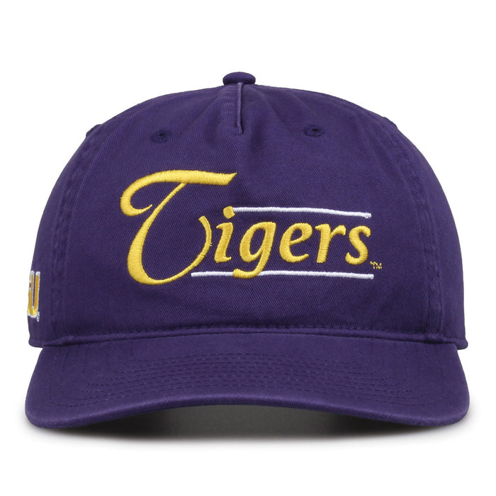 LSU Tigers Original Heritage Bar Snapback in purple, front view of embroidered school script and bar design