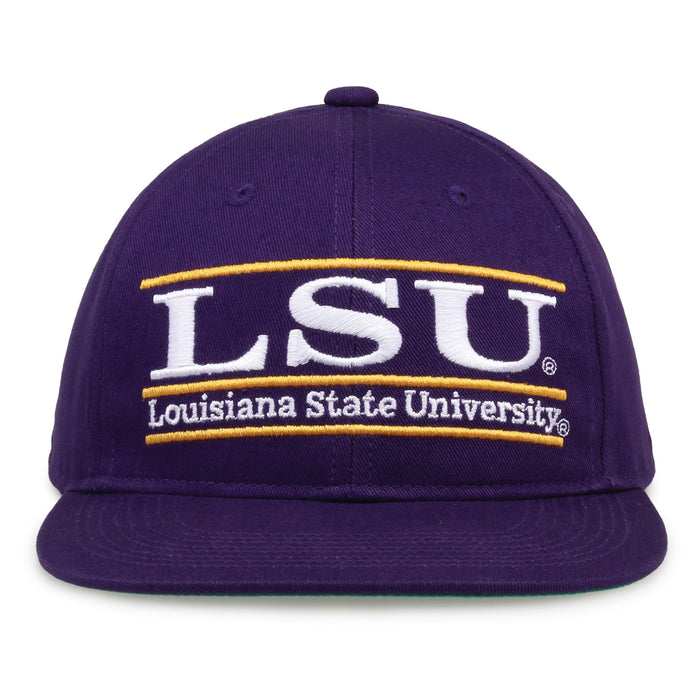 LSU Retro Bar snapback hat in purple, front view