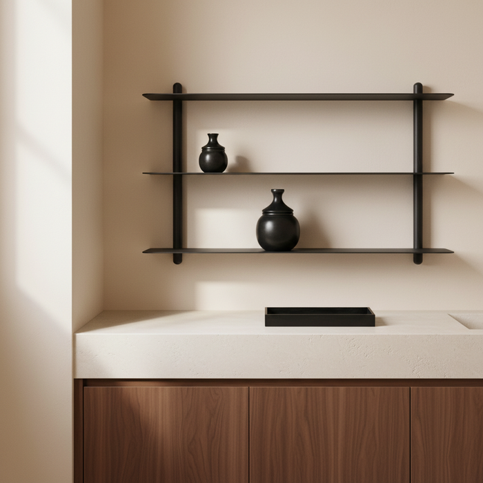 Minimalist bathroom with NIVO shelf, Marblelous Jars and tray
