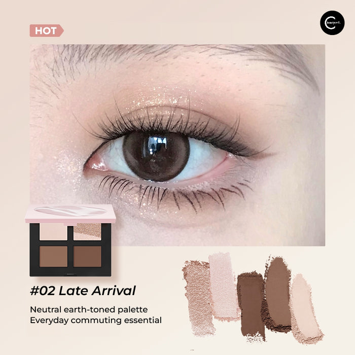 Marie Dalgar #02 Late Arrival five-color eyeshadow palette with eye makeup and color swatches