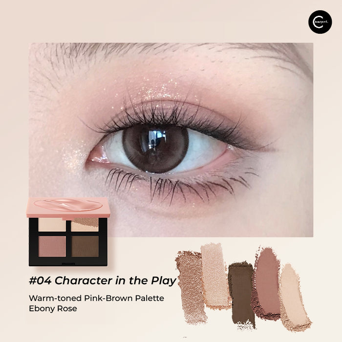 Marie Dalgar Five-Color Eyeshadow Palette in #04 Character in the Play, shown with an eye look and color swatches