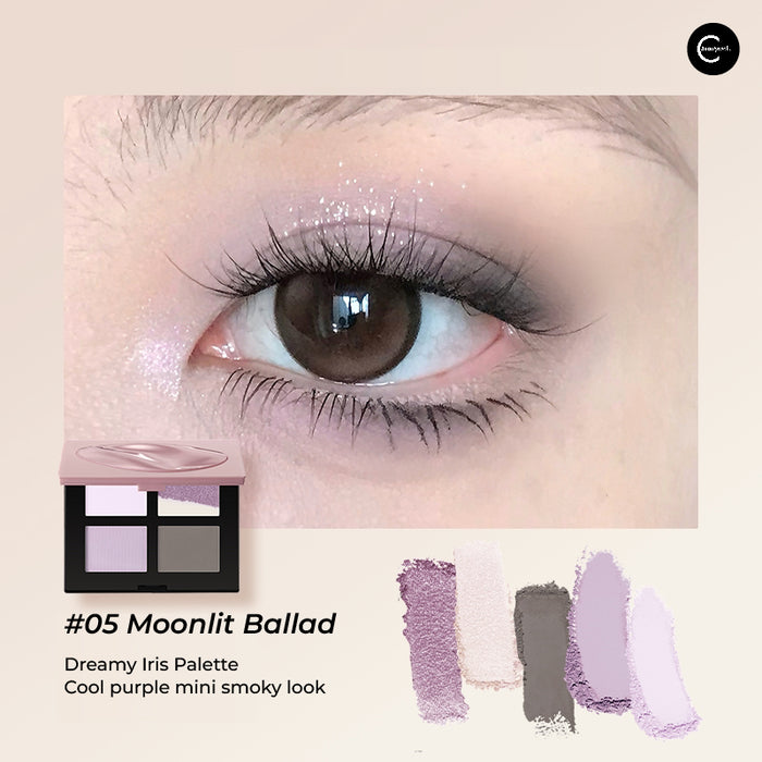 Marie Dalgar Five-Color Eyeshadow Palette in #05 Moonlit Ballad with eye makeup look and color swatches