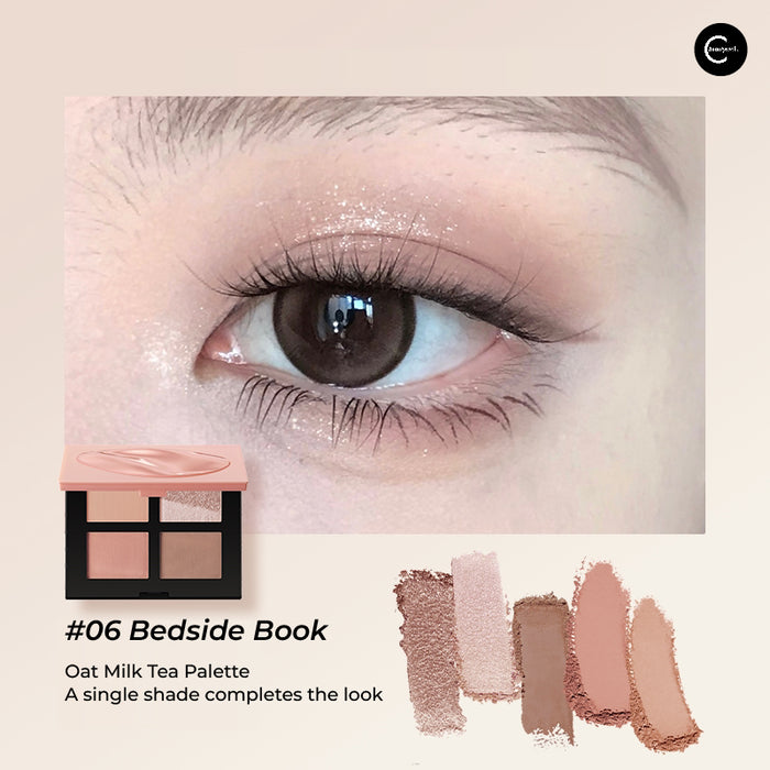 Marie Dalgar #06 Bedside Book five-color eyeshadow palette with eye makeup look and five swatches