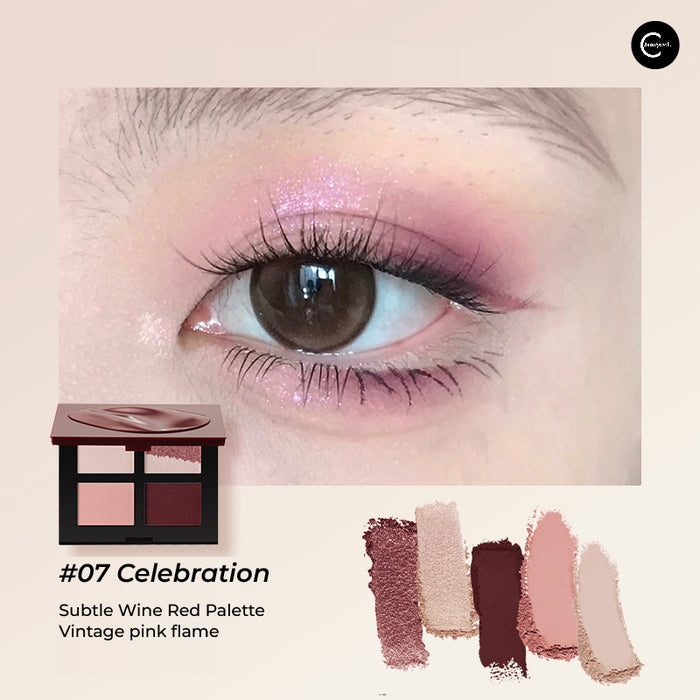 Marie Dalgar #07 Celebration eyeshadow palette with pink and wine red shades, eye look and swatches