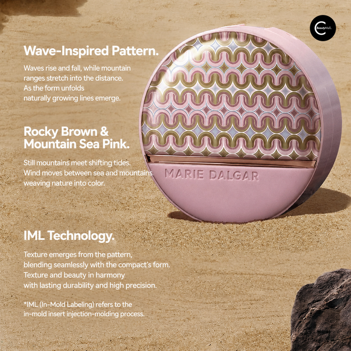 MARIE DALGAR pink patterned compact with a wave-inspired design, front view