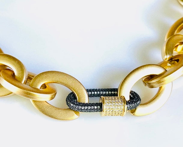 Matte Gold Vermeil Chain and Gun Metal Pave Carabiner Pendant Necklace 18"
