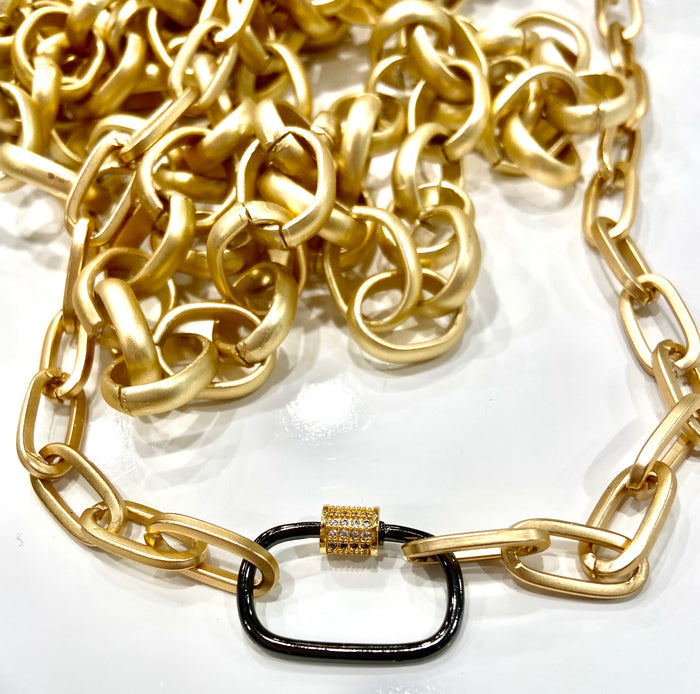 Matte Gold Vermeil Chain and Gun Metal Pave Carabiner Pendant Necklace 18"