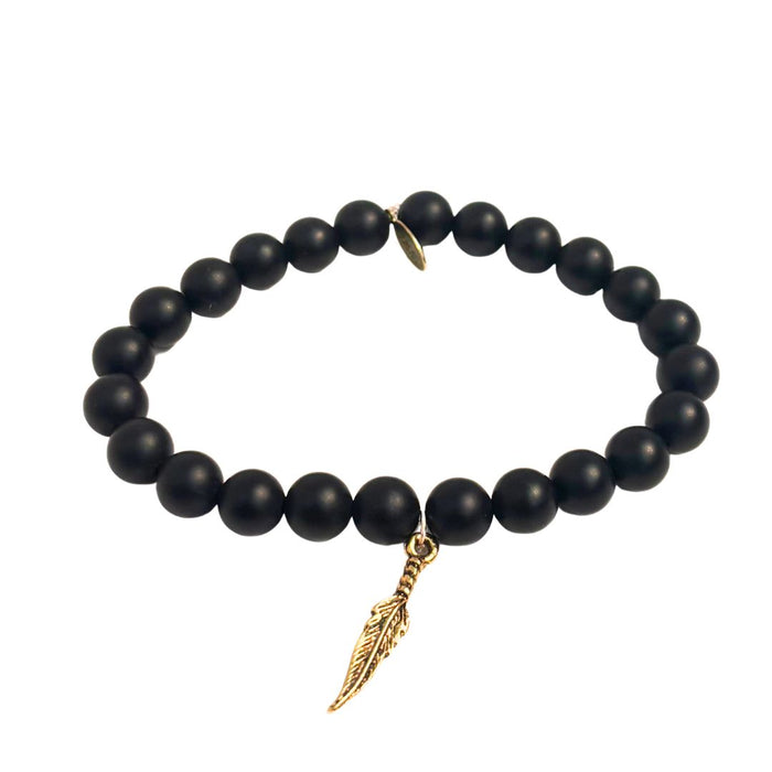 Matte Onyx Bracelet + Brass Feather Charm