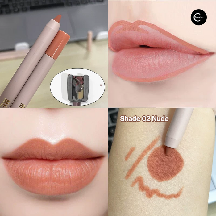 Lipstick pencil in shade 02 with nude lip and arm swatches