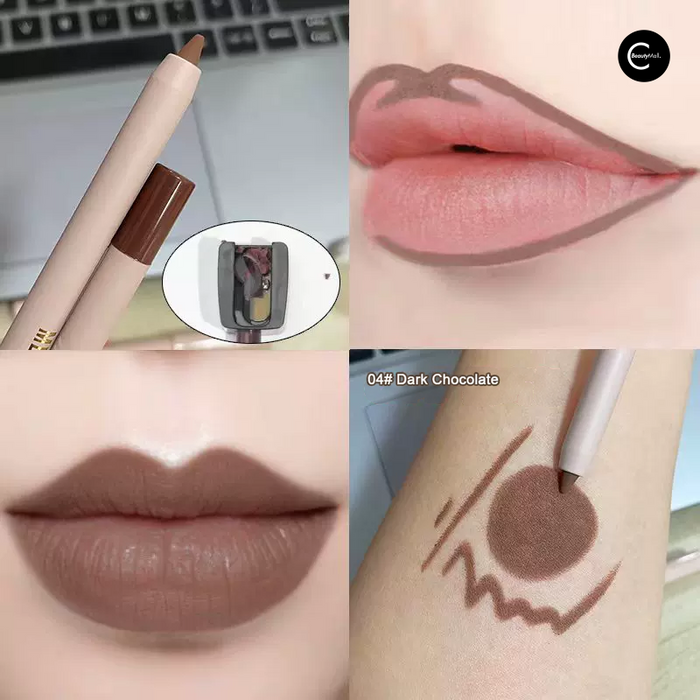 Lip liner in shade 04 Dark Chocolate with lip and arm swatches