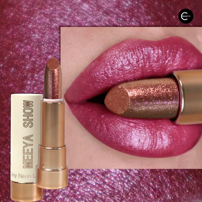 MEEYA SHOW glitter lipstick with pink-purple lip result and close-up swatch