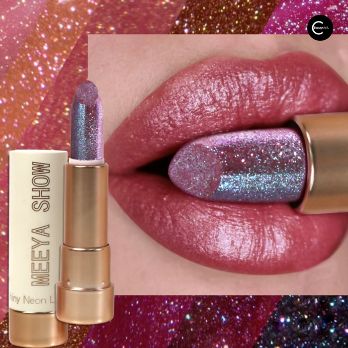 MEEYA SHOW glitter lipstick with purple-blue shimmer shown on lips
