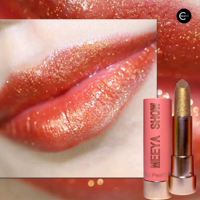 MEEYA SHOW glitter lipstick in a warm coral-red shade with a close-up lip swatch