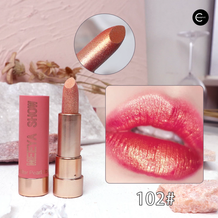 MEEYA SHOWS Star Pearl lipstick in shade 102 with lipstick and lip swatch