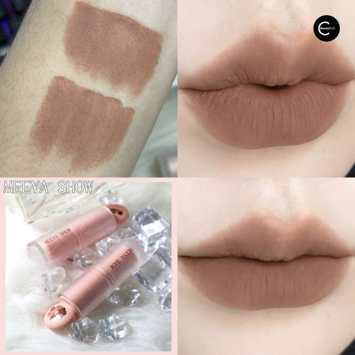 MEEYA SHOW lipstick with nude-brown swatches and lip color results