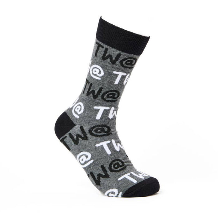 Men’s funny socks with Tw@ text design on white background
