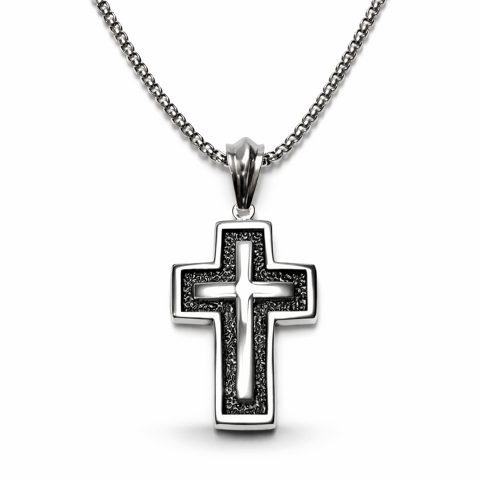 Men’s large stainless steel cross pendant necklace with box chain on white background