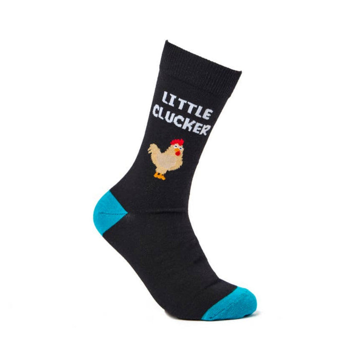 Black novelty sock with blue heel and toe featuring little clucker slogan design angled on white background