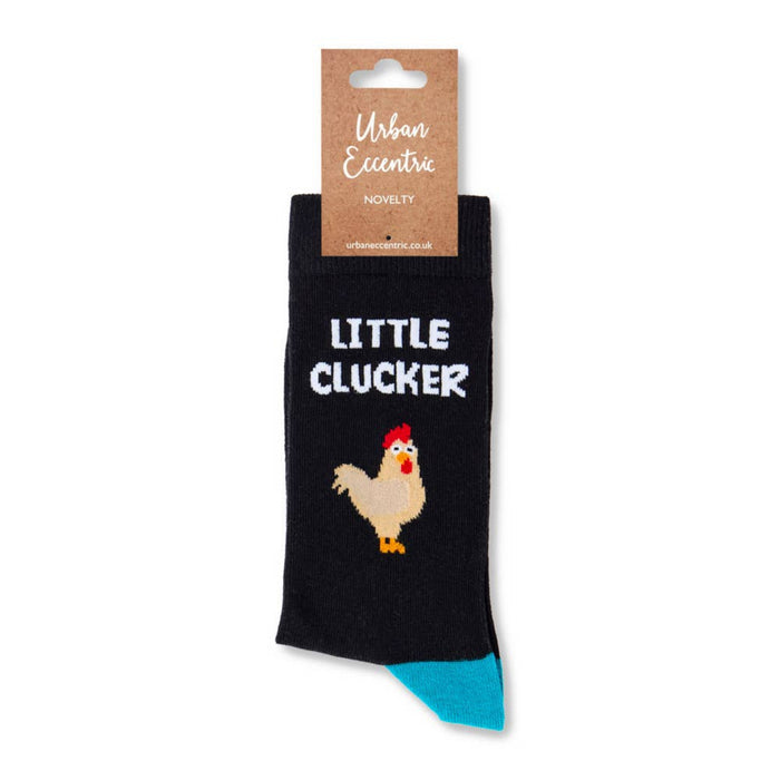 Little clucker novelty socks with retail tag attached showing packaging presentation