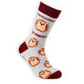 Grey novelty sock with brown heel and toe featuring hedgehog pattern angled on white background