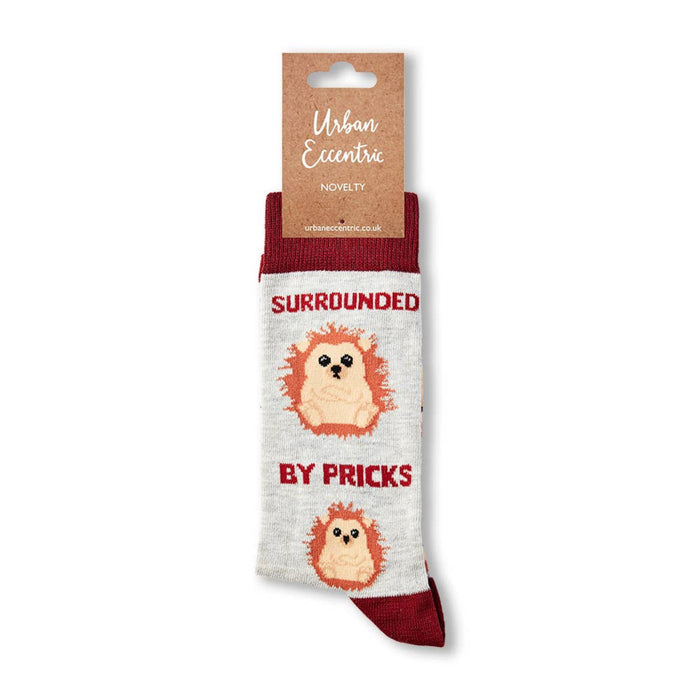 Grey hedgehog novelty socks with brown heel and toe shown with retail tag attached