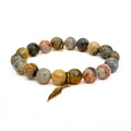 Mexican Crazy Lace Agate Bracelet + Gold Feather Charm